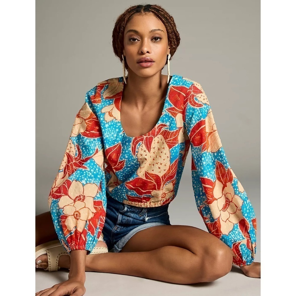 Farm Rio Anthropologie NWT Puff Sleeve Bubble Blouse Blue & Red Top Extra Large